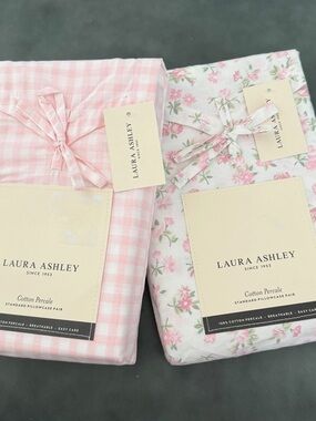 2 Pairs Laura Ashley Pink Floral and Pink Gingham Pillowcases ~ Cottage Core
